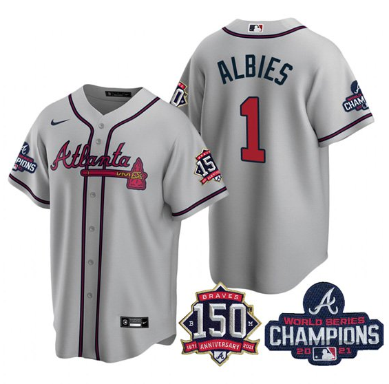 Men's Atlanta Braves #1 Ozzie Albies 2021 Grey World Series Champions With 150th Anniversary Patch Cool Base Stitched Jersey